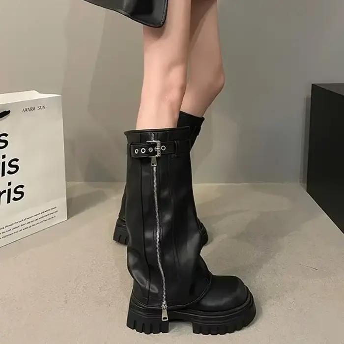 Hiver femmes Biker bottes mode ceinture boucle dames élégant plate-forme longue tuyau chaussons déco
