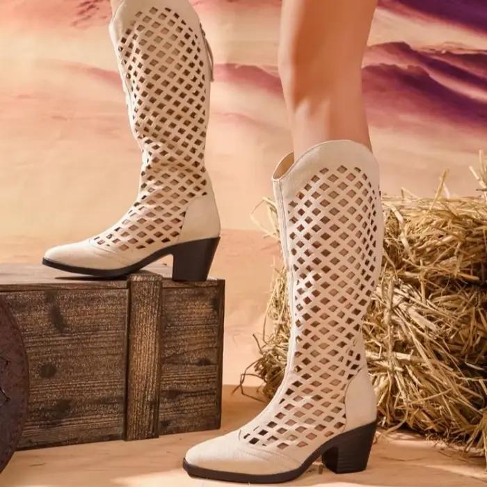 Nouvelles bottes pour femmes à talon bloc, respirantes, à découpes, polyvalentes, mi-hautes, tendanc