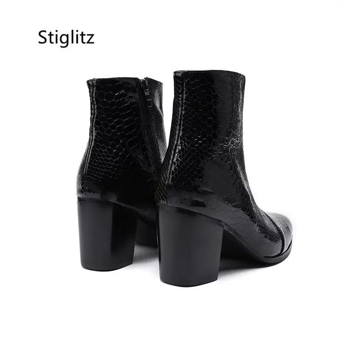Bottines en cuir véritable pour hommes, noir et rouge, talons hauts de 8Cm, motif serpent rétro, bou