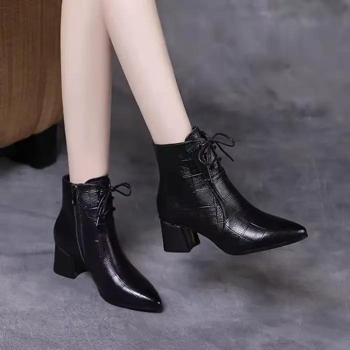 Bottines élégantes à talons hauts pour femme, chaussures à lacets, bout pointu, décontractées, de fê