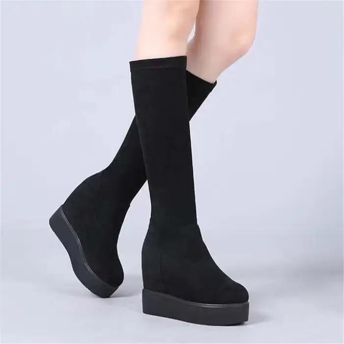 Automne hiver chaud compensées genou bottes hautes augmentation intérieure femmes bout rond bottes é