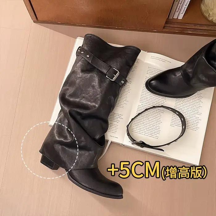 Bottes au-dessus du genou, style chevalier, plissées et superposées avec ceintures, bottes culotte à