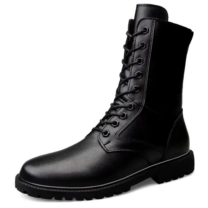 Bottes de neige en cuir véritable avec fermeture à glissière latérale pour hommes, bottes hautes de 