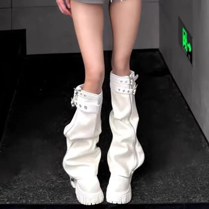 Bottes de combat blanches à plateforme amovible pour femmes, style punk, bottes hautes souples, chau