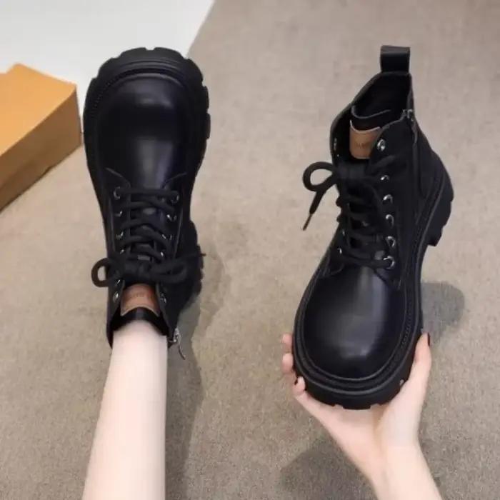 Bottines en cuir souple pour femmes, antidérapantes, à semelles épaisses, à lacets, confortables, à 