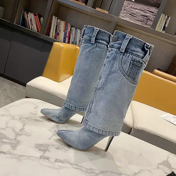 Bottes hautes en denim bleu rétro pour femmes, bottes à bout pointu pour le printemps et l'automne, 