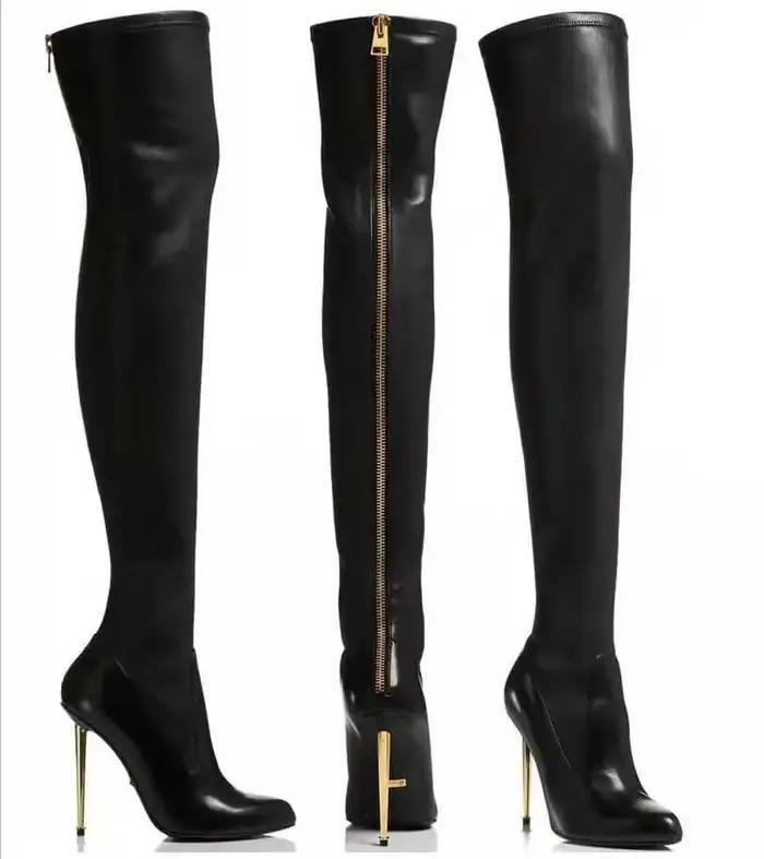 Bottes noires à la mode pour femmes, couleur unie, talons hauts fins, fermeture éclair au dos en mét