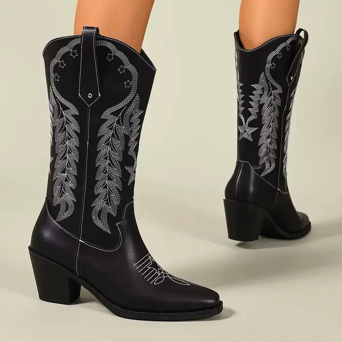 Bottes Western noires brodées avec talon épais, bout carré, style bohème, style européen et américai