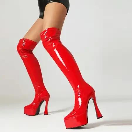 Bottes au-dessus du genou en cuir laqué pour femmes, fermeture éclair latérale, plate-forme imperméa