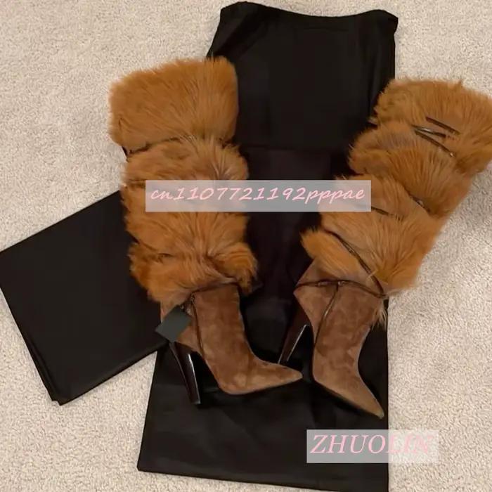 Vintage marron flou genou-bottes dames hiver bout pointu bottes en daim à talons hauts défilé côté f