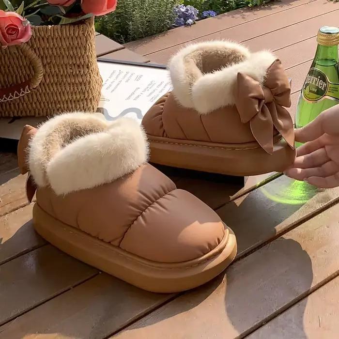 Bottes de neige avec nœud papillon au dos pour femme, chaussures chaudes d'hiver, peluche douce, ant
