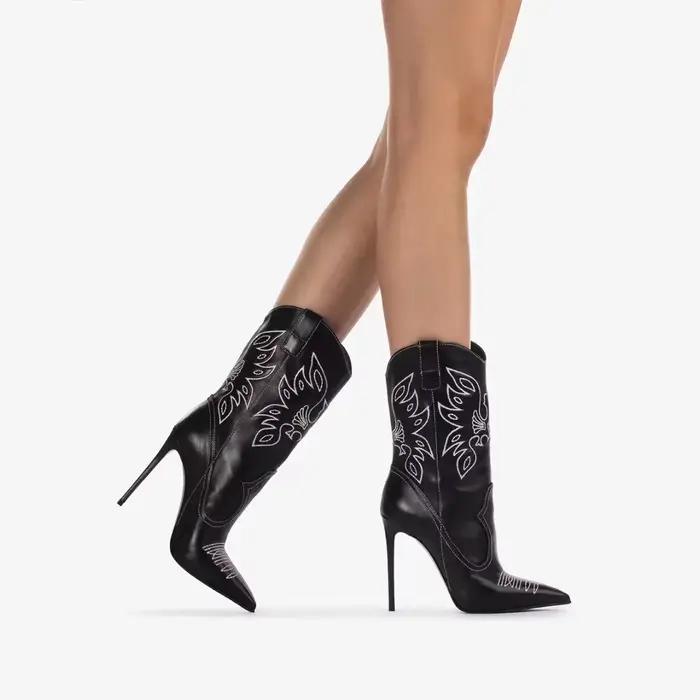 Bottes à talons aiguilles de cowboy occidental pour femmes – Bout pointu brodé, chaussures chics sex