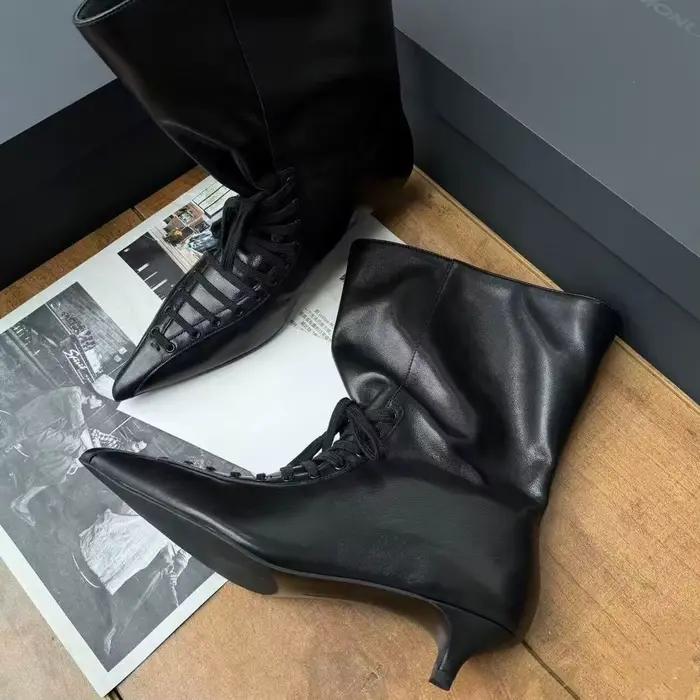 Bottines à lacets pour femmes Maillard, bottes mi-mollet à bout pointu et talon kitten, bottes en cu
