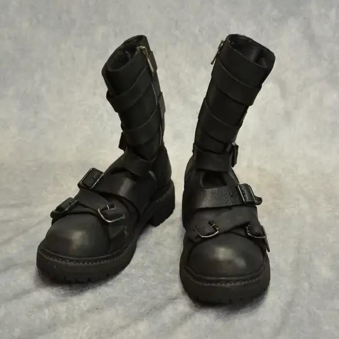 Bottes mi-mollet pour hommes à talons épais et multiples boucles, avec fermeture éclair latérale, bo