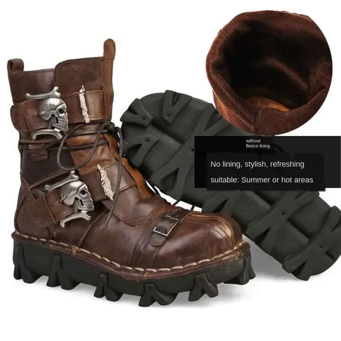 Bottes de moto gothiques en cuir véritable pour hommes, crâne, punk, rinçage, mode western, mi-molle