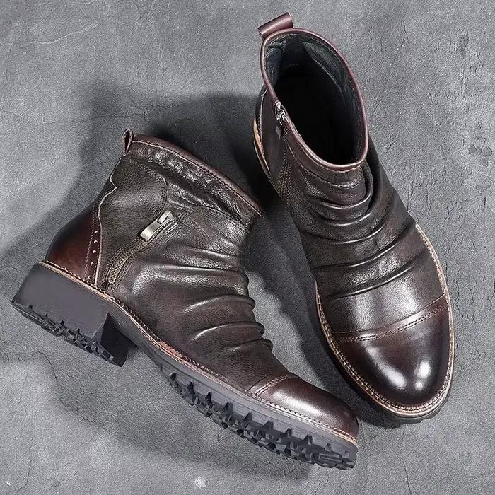 Bottes basses en cuir plissé vintage pour hommes, bout rond, fermeture éclair latérale, semelle épai