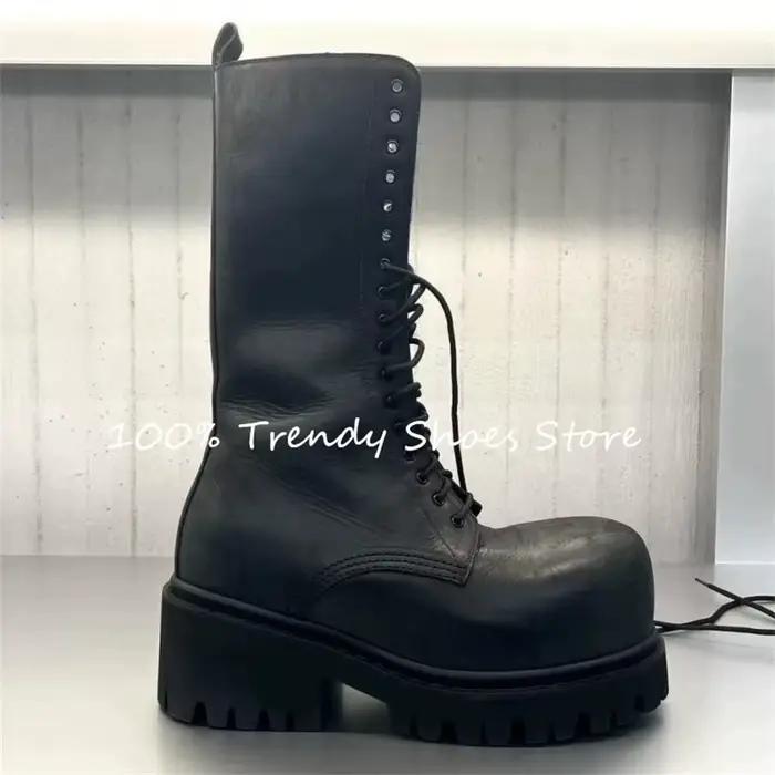 Bottes de moto antidérapantes à grosse tête pour hommes, montantes à lacets, talon épais, mi-mollet,