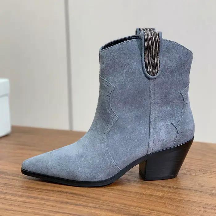 Bottes mi-mollet à talons hauts épais pour femmes, bout pointu, en daim, chaîne métallique, décor de