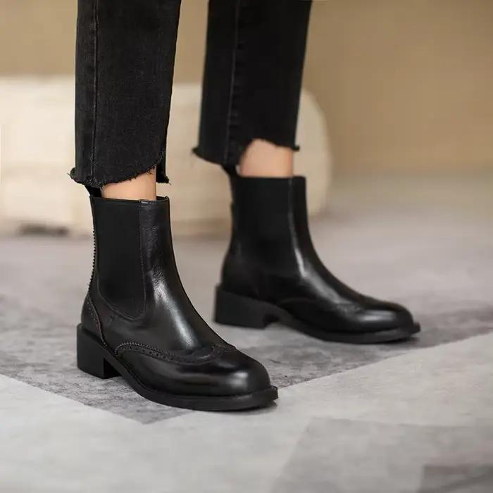 Bottes d'automne en cuir véritable pour femmes, chaussures à bout rond et à talons épais, richelieu 