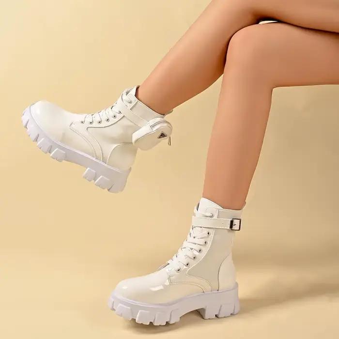 Bottes de Moto en Cuir Oxford pour Femme, Chaussures à Semelles Compensées, à Lacets, Blanches et No