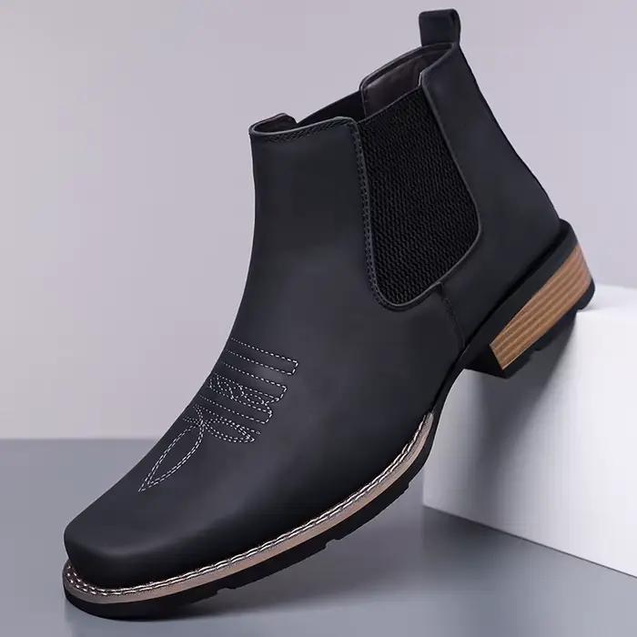 Bottines Chelsea noires mat pour hommes, bottes en cuir décontractées à tige haute brodée, talon bas
