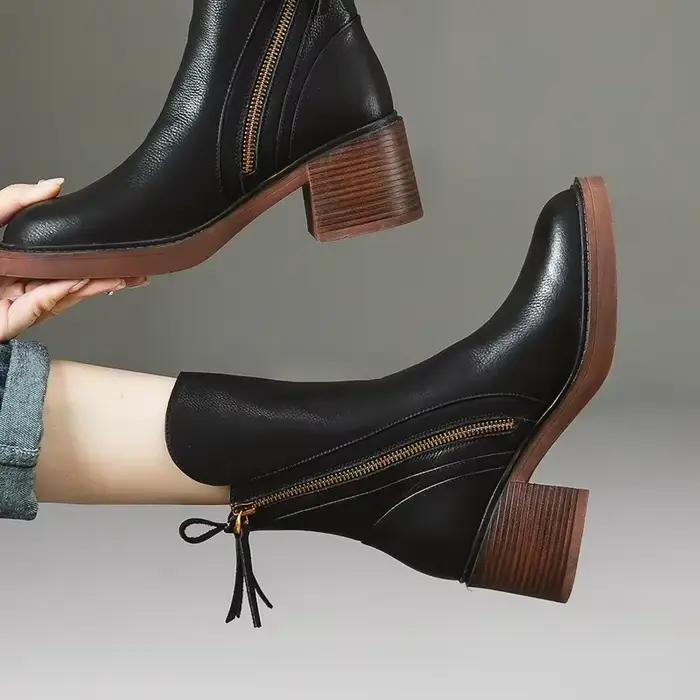 StephanBoots-Bottes en cuir à plateforme pour femmes, Parker rond, talon épais, marron, rinçage, ext