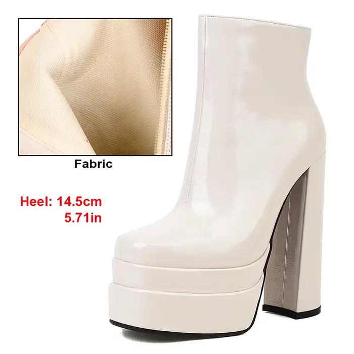 Bottines à double plateforme en cuir verni abricot pour femme, talons hauts, peluche, fermeture écla