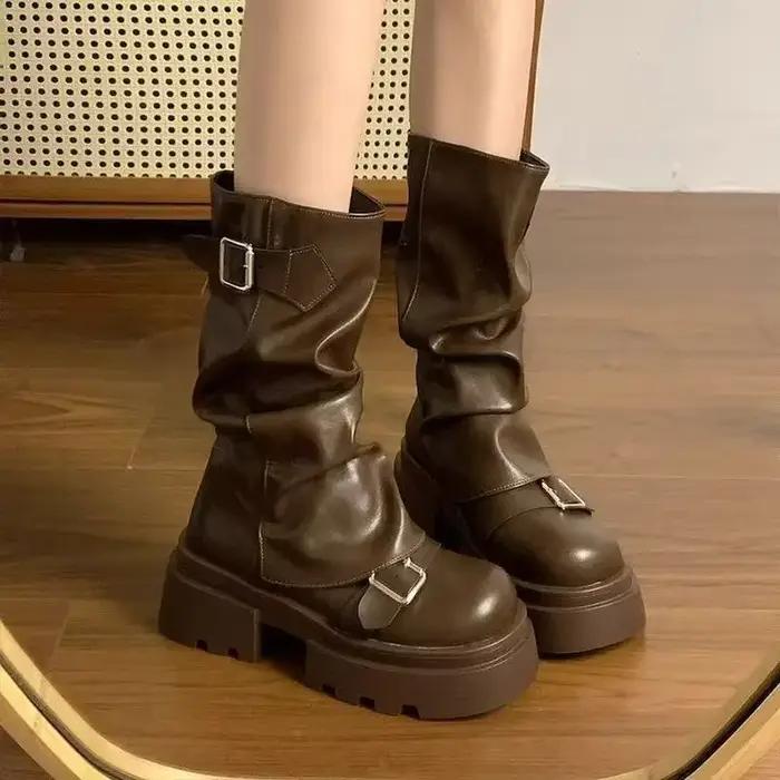 Chaussures pour femmes mi-mollet bottes pour femmes plate-forme bottes modernes femmes boucle de cei