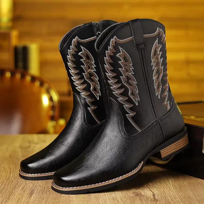 Bottes de cowboy brodées style western pour hommes, noires, mi-mollet, rétro, pour le travail en ext