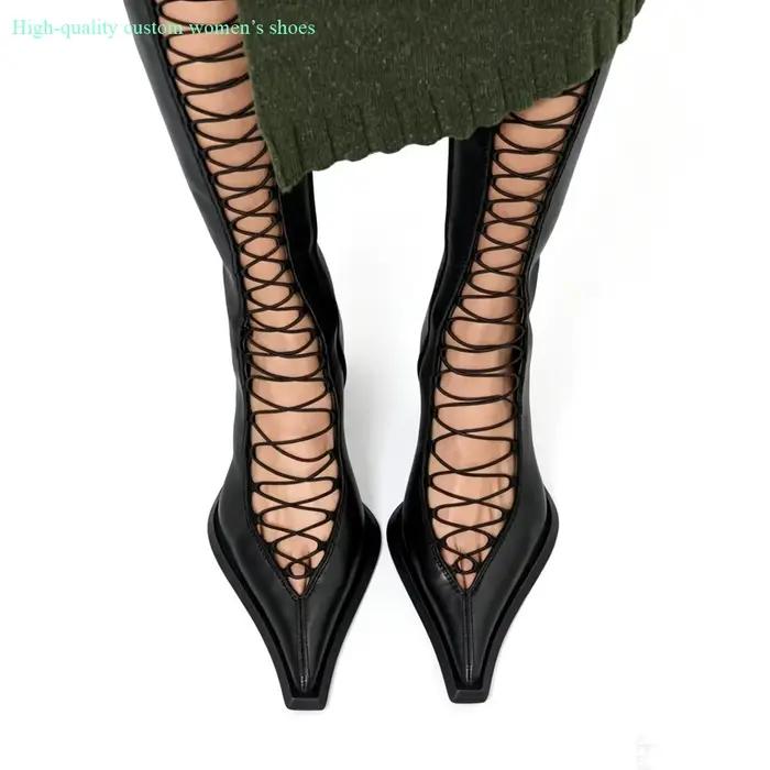 Bottes hautes pour femmes à talons aiguilles, à bout pointu et découpe ajourée sur le cou-de-pied, s