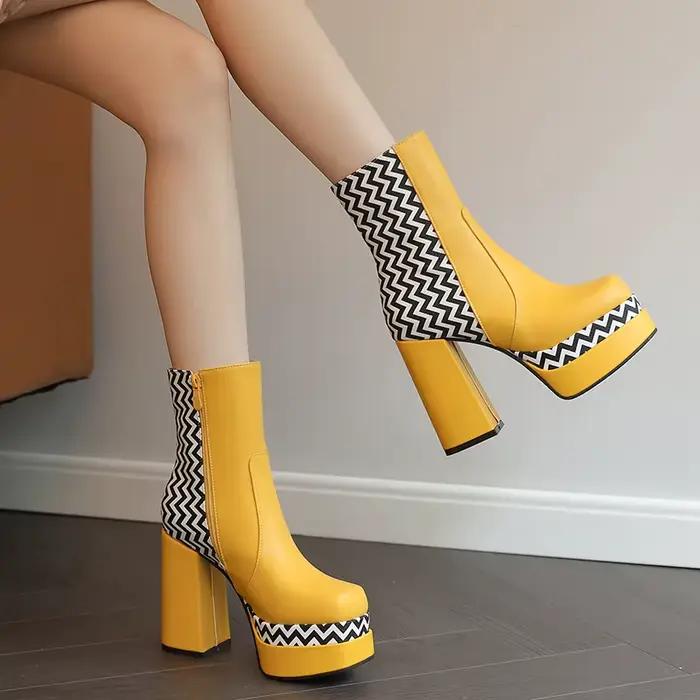 Bottes Courtes à Rayures Imprimées de Style Coréen pour Femme, Chaussures à Plateforme, Très Hautes 