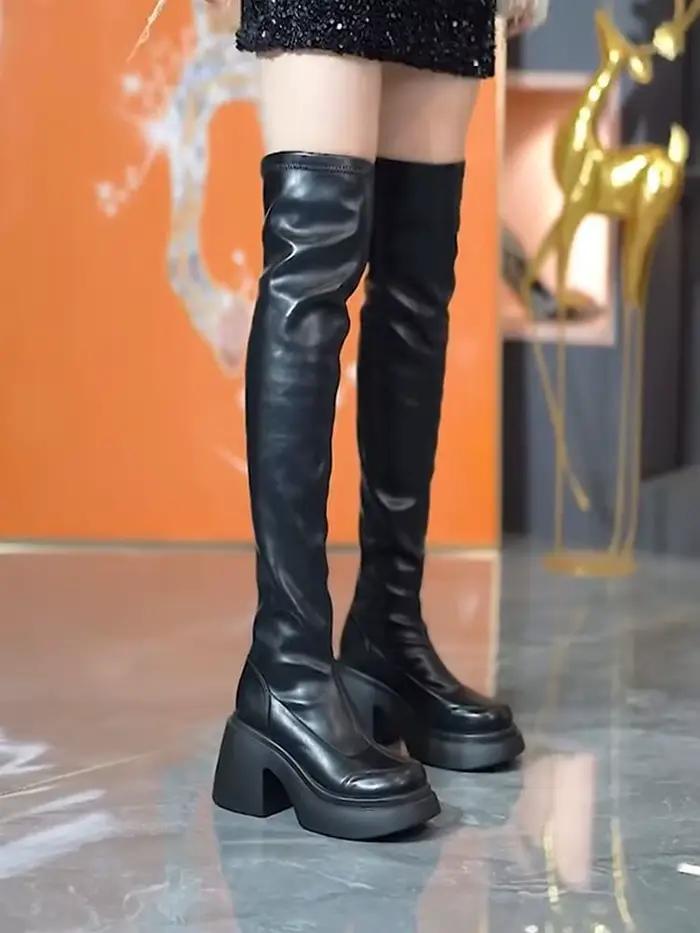 Bottes au dessus du genou à talons épais pour femmes, bottes longues blanches à talons hauts de haut