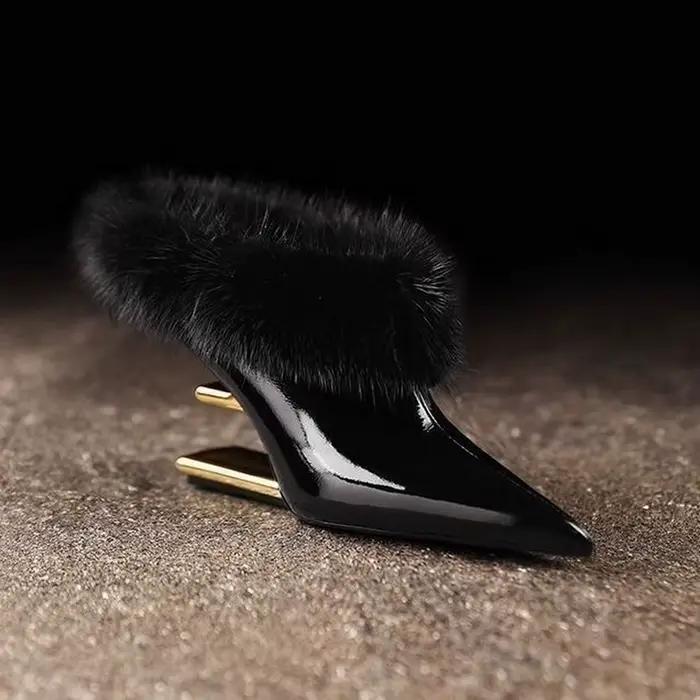 Nouvelles mules pour femmes, bottines à talon haut, chaussures d'hiver fourrées, pantoufles à bout p