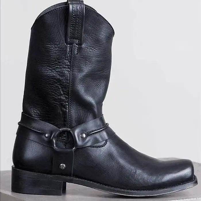 Bottes de cowboy western rétro médiévales unisexes mi-mollet en cuir PU à enfiler pour hommes et fem