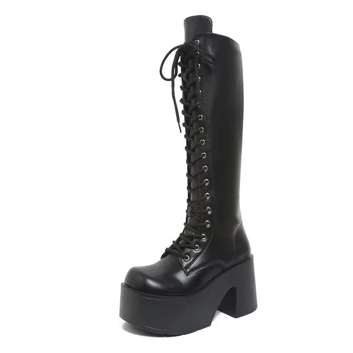 Bottes hautes à plateforme, bout rond, plateforme à lacets, bottes antidérapantes à talons bloc pour