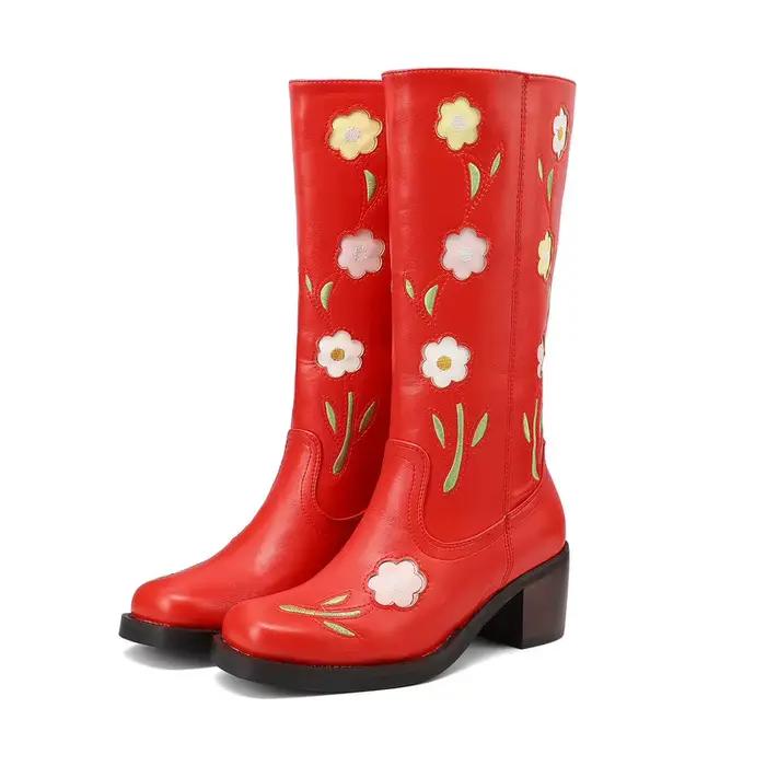 2025 automne hiver femmes mi-mollet bottes en cuir PU bout rond talon carré sans lacet mode fleurs d