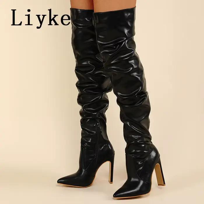 Liyke Design de mode en cuir plissé sur les bottes au genou Sexy bout pointu fermeture éclair blanc 