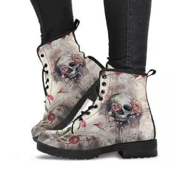 Bottes courtes d'outillage de style britannique pour femmes, imprimé tête de mort, fleur, haut, bott