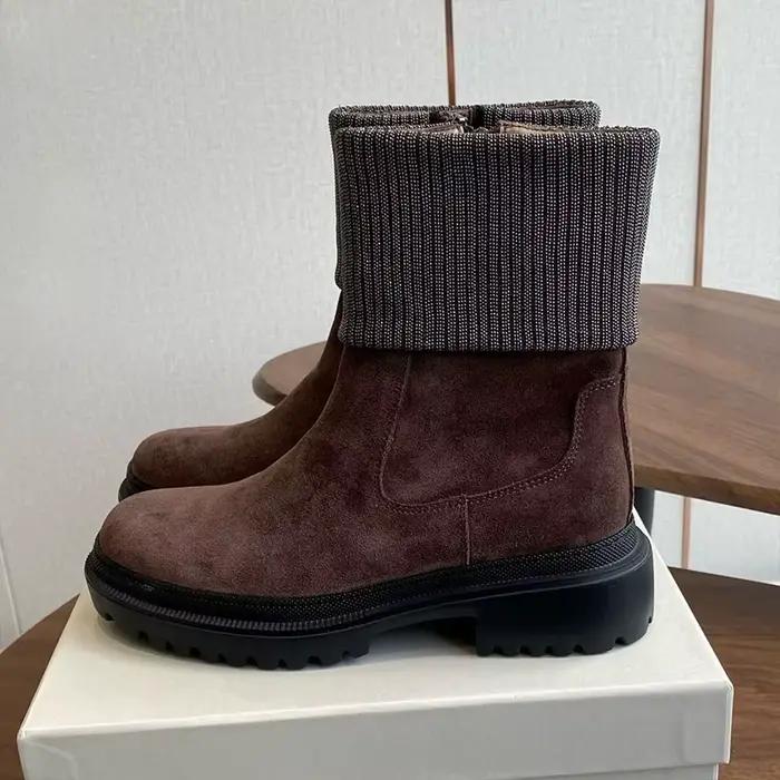 Femmes daim plat semelle épaisse bottes courtes bout rond tricoté manches fermeture éclair conceptio