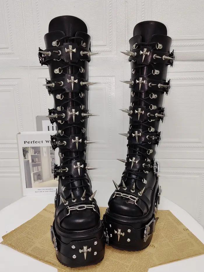 Bottes longues pour femmes, style punk moto urbain, à talons hauts compensés, chaussures de soirée t