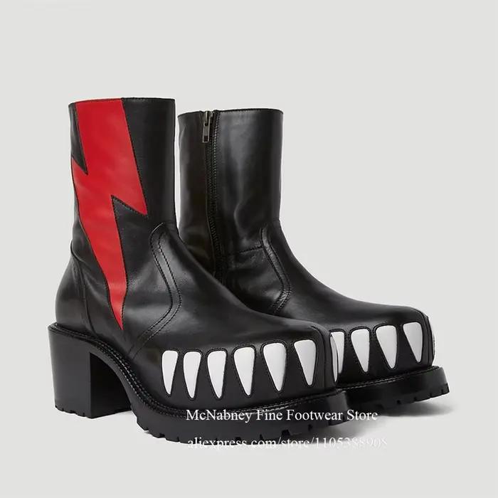 Bottes mi-mollet à motif serpent avec talon épais à dents de crocodile, fermeture éclair contrastant
