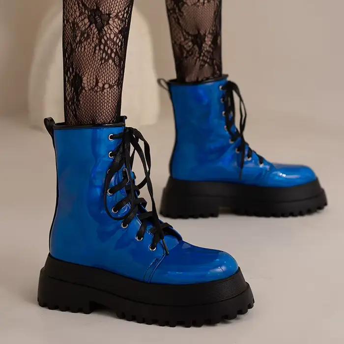 Bottes à fond plat en cuir verni brillant, plateforme Double couche, doublure intérieure en peluche 