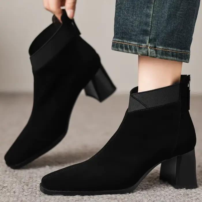 Bottines d'automne en daim naturel pour femmes, tissu élastique, patchwork, bout carré, fermeture éc