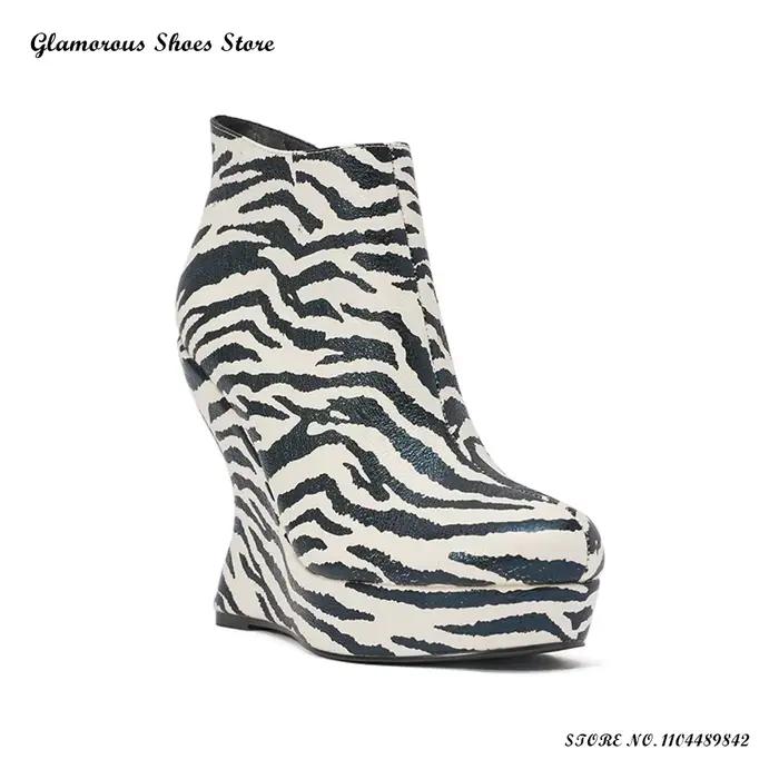 Bottines à plateforme à imprimé zèbre pour femmes, bout rond, talons de style original, chaussures d