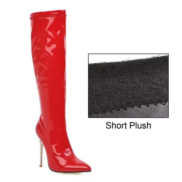 Bottes hautes rouges Sexy pour femmes, talons aiguilles en cuir verni noir lisse et blanc, bottes lo