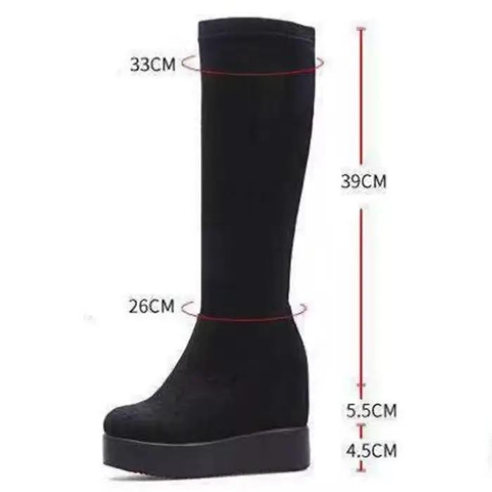 Automne hiver chaud compensées genou bottes hautes augmentation intérieure femmes bout rond bottes é