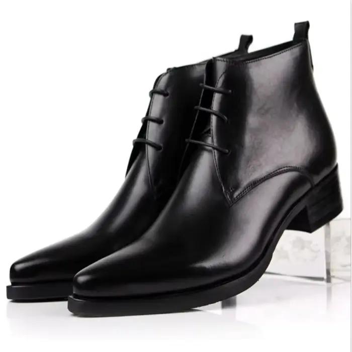 Version européenne de bottes montantes en cuir pour hommes, bout pointu en cuir, première couche de 