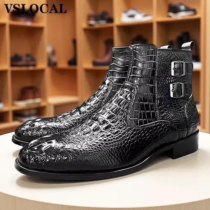 Bottines de luxe pour hommes, chaussures noires et brunes, imprimé Crocodile, fermeture éclair, Chel