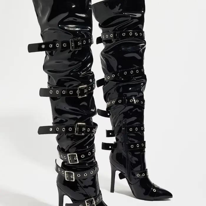 Bottes au-dessus du genou à talons hauts avec fermeture éclair pour femmes, avec orteils pointus et 
