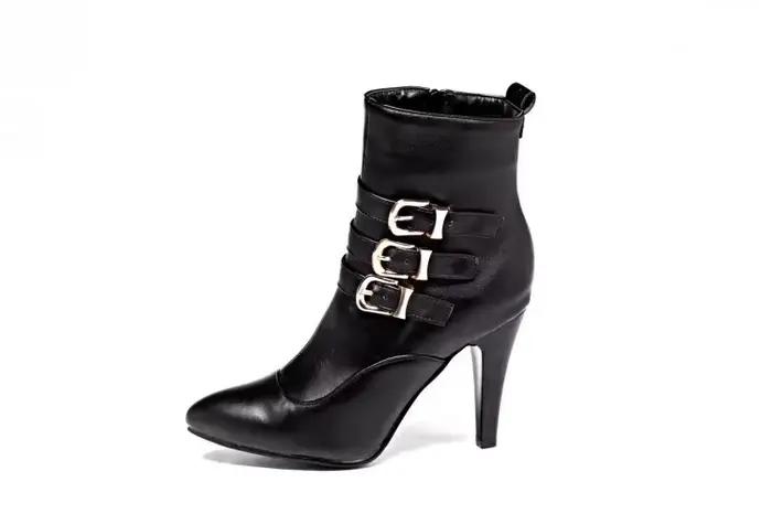 Femmes bottes cheville mode ceinture boucle bout pointu côté fermeture éclair talons aiguilles autom